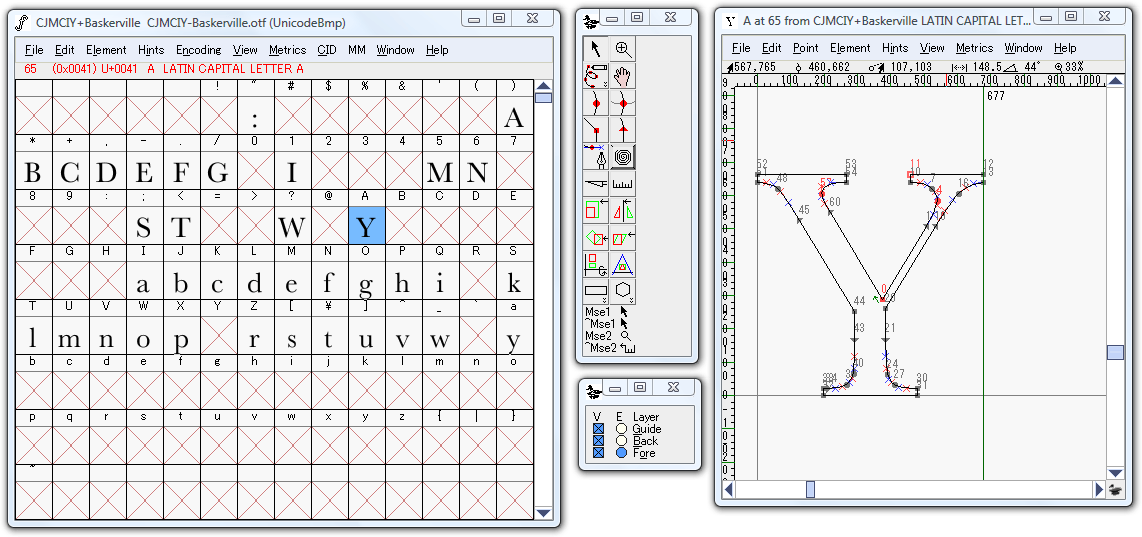 FontForge's main view and a single glyph's display.
