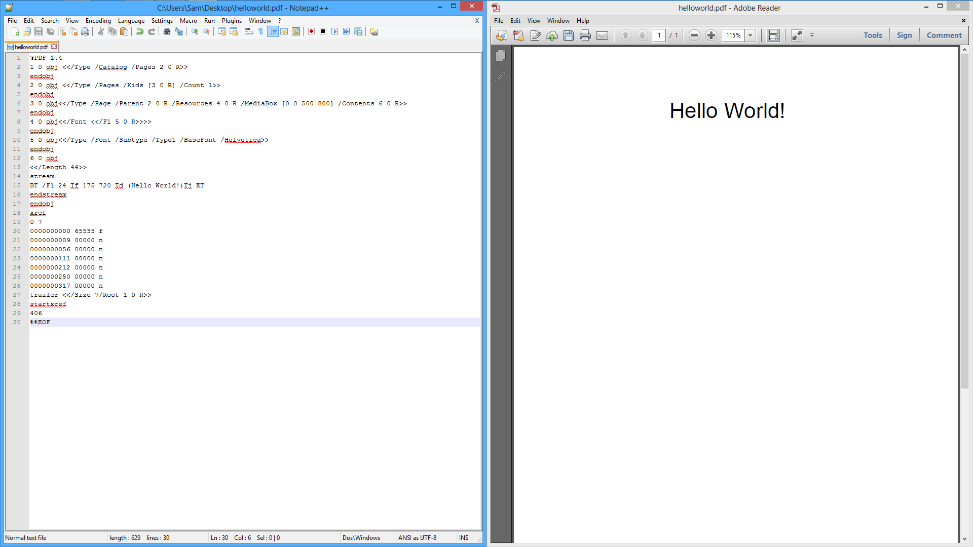 The HelloWorld PDF in both Notepad++ and Adobe Reader