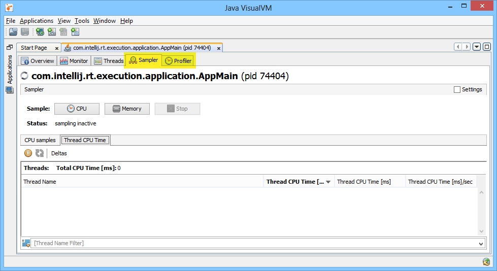Profiling an application with VisualVM's Sampler - Sampler and Profiler tabs highlighted.