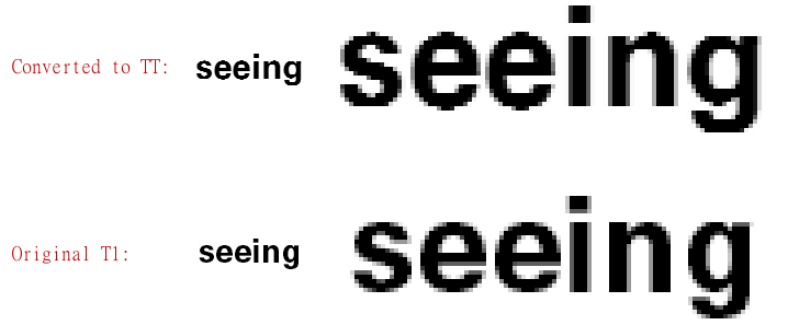 Comparison between converted TrueType glyphs and our font converter's Type 1 glyphs