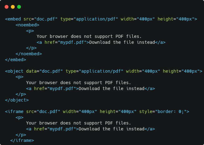 Html Code To Embed Pdf